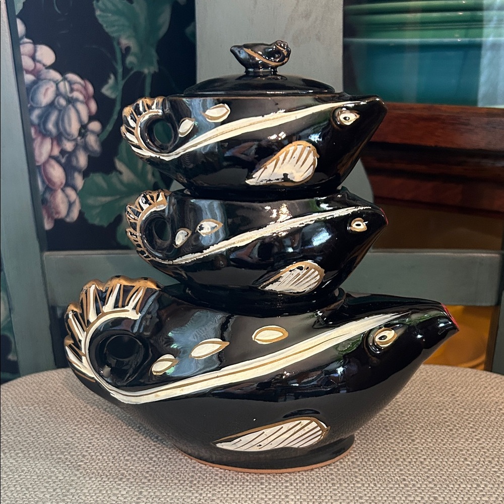 Vintage Black and Gold Pottery Stacked Tea Pot, Creamer & Sugar Bird Art Set